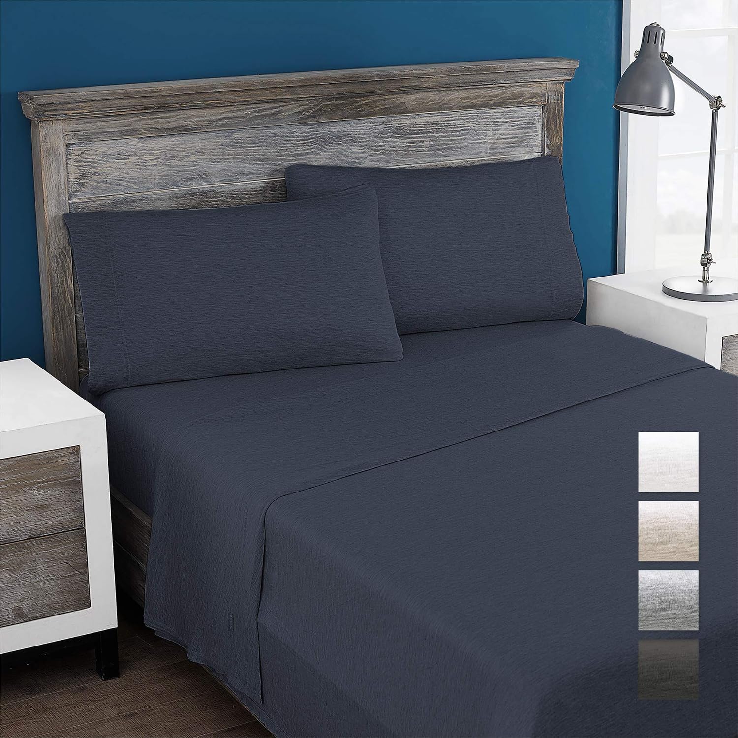 Columbia Eco-Friendly 100% Modal Jersey Knit Performance 4-Piece Sheet Set - Omni-Wick Stay Dry Technology – Incredibly Soft, Stretchy, Cool and Comfortable - King, Heathered Denim