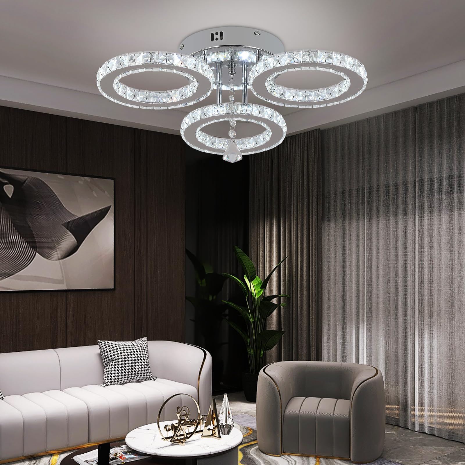 VETRULUS Nowoczesna Lampa Sufitowa LED, Ściemniająca się z Pilotem, Kryształowy Żyrandol do Salonu, Sypialni, Kuchni