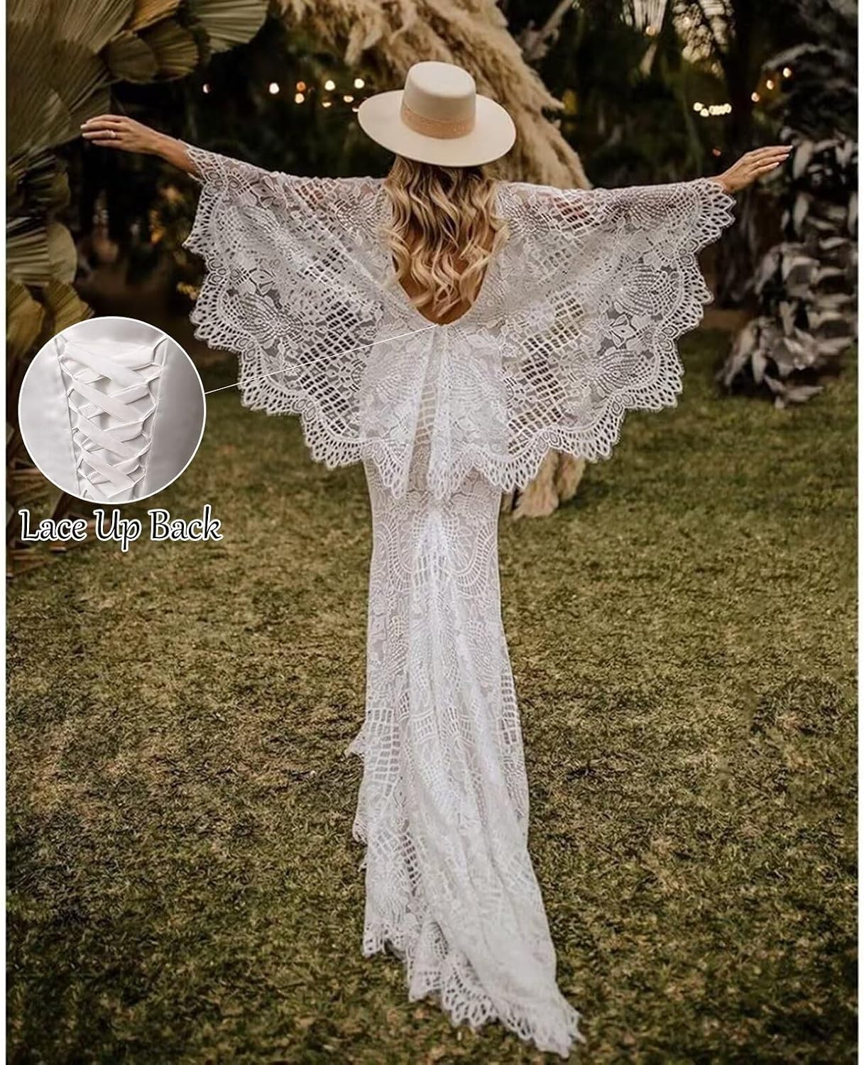 Women's Boho Cape Sleeves Wedding Dresses for Bride V Neck Floor Lenght Lace Mermaid Beach Vintage Wedding Gown
