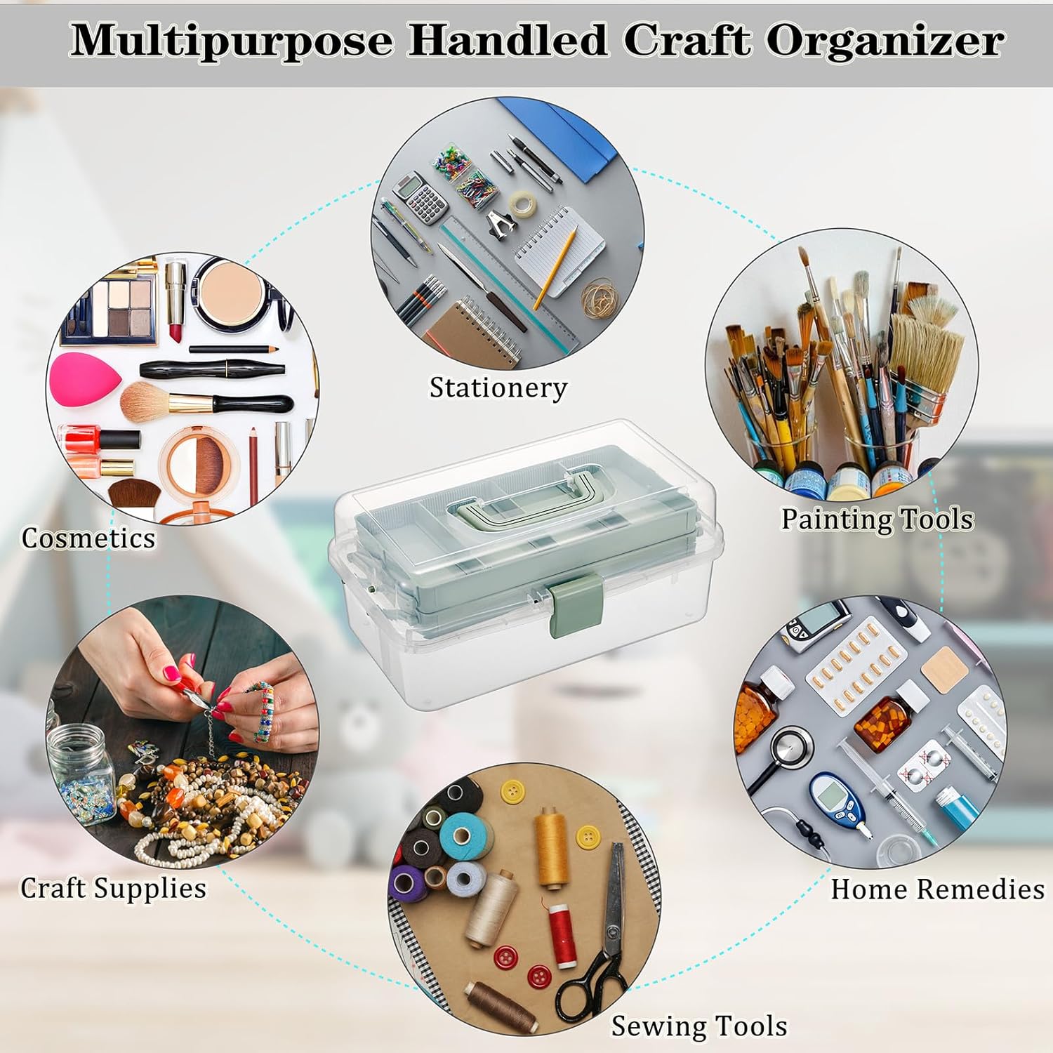 BTSKY 3-Layer Clear Plastic Dividing Storage Box Craft Organizer and Storage with Adjustable Spacers Portable Handled Art Supply Organizer Multipurpose Home Utility Box Sewing Organizers (Haze Green) - Image 7