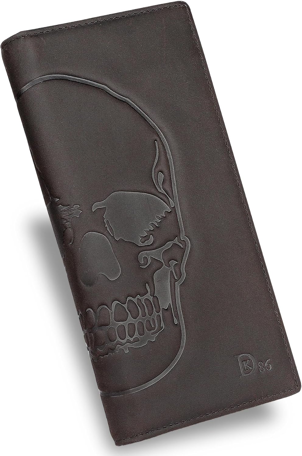 DK86 Skull Long Wallet For Men Full Grain Leather Rfid Blocking Rodeo Wallet Bifold Wallet Skull Wallet, Coffee A