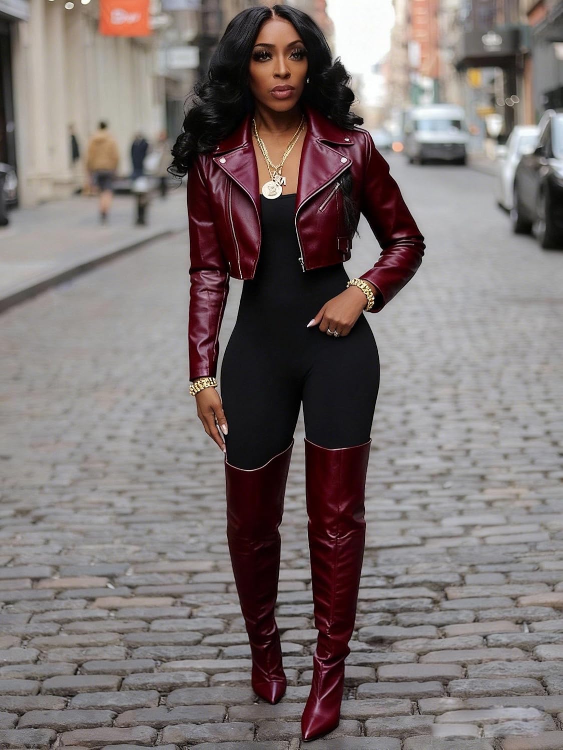 Molilove Crop Leather Jacket Women Faux Leather Long Sleeve Lapel Neck Zipper Up PU Motor Coats Fall Going Out Jackets
