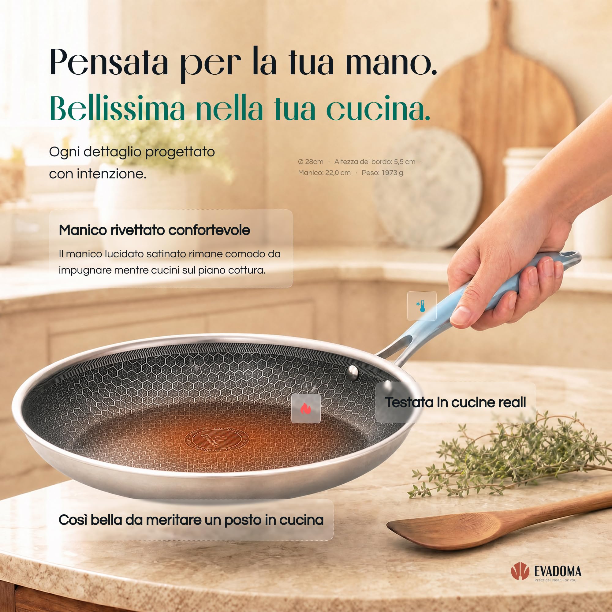 Padella in acciaio inox da 28 cm con coperchio in vetro, padella rivestita a nido d'ape, per tutti i tipi di piani cottura, inclusa induzione, padella antiaderente priva di PFOA, adatta per