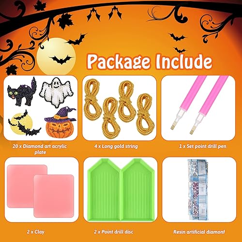 Miniatura 4 de Jetec 20 etiquetas de pintura de diamantes de Halloween 5D DIY Kit de pintura de diamantes de calavera, fantasma, calabaza, murciélago, etiquetas