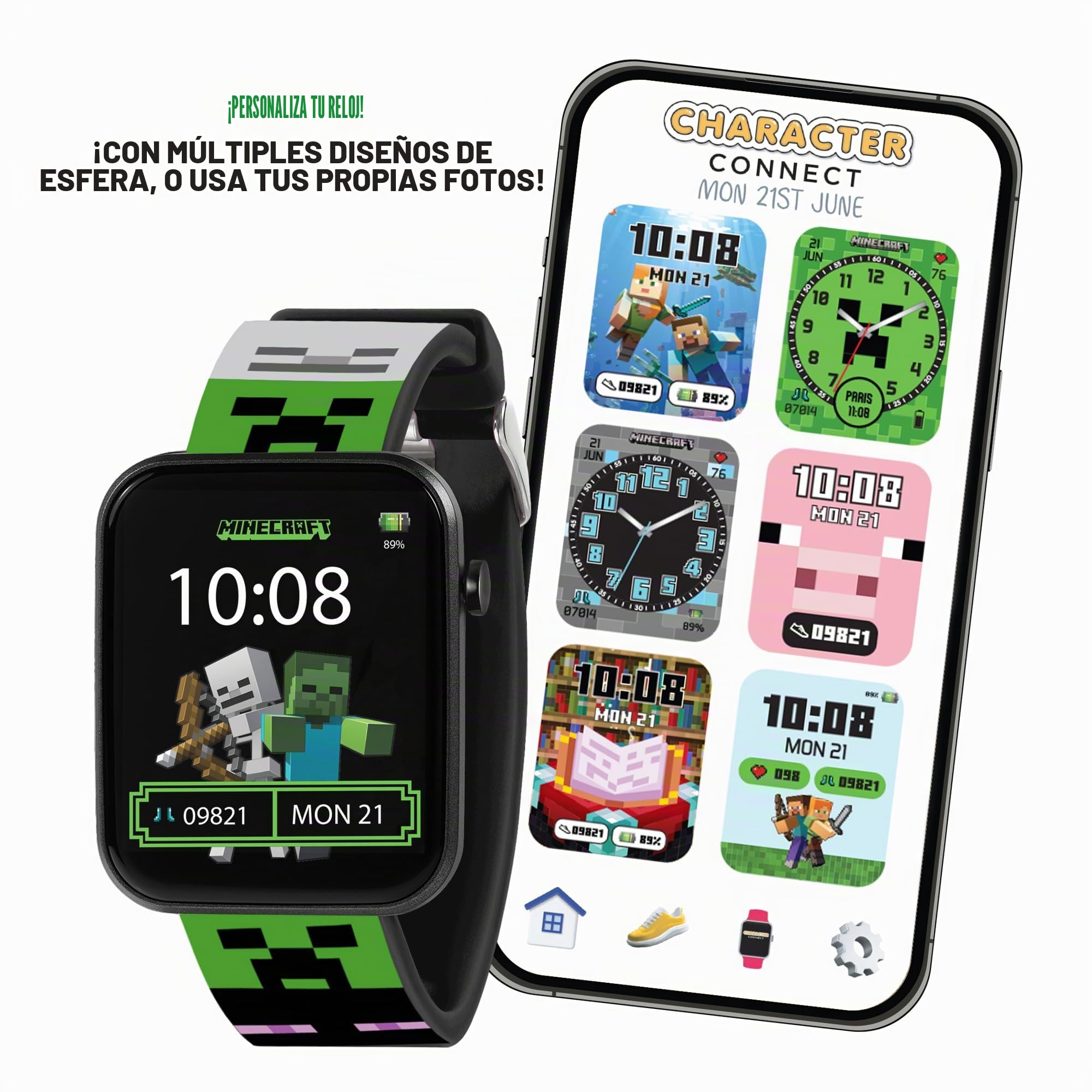 Accutime Minecraft MIN4363ARG - Reloj inteligente con correa impresa verde para niños
