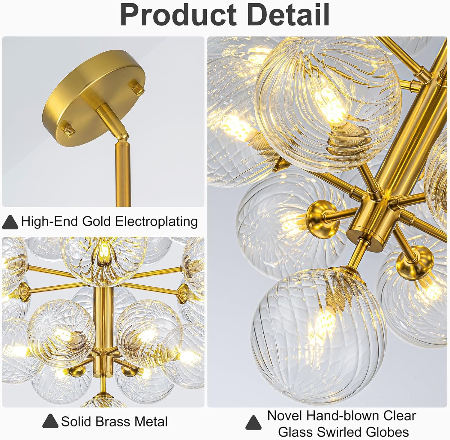 19-Light Brass Glass Bubble Chandelier with Clear Swirled Glass Ball Globes, 24" Gold Hand Blown Glass Mid Century Modern Sputnik Chandeliers for Dining Room Art Deco Chandelier for Bathroom Bedroom