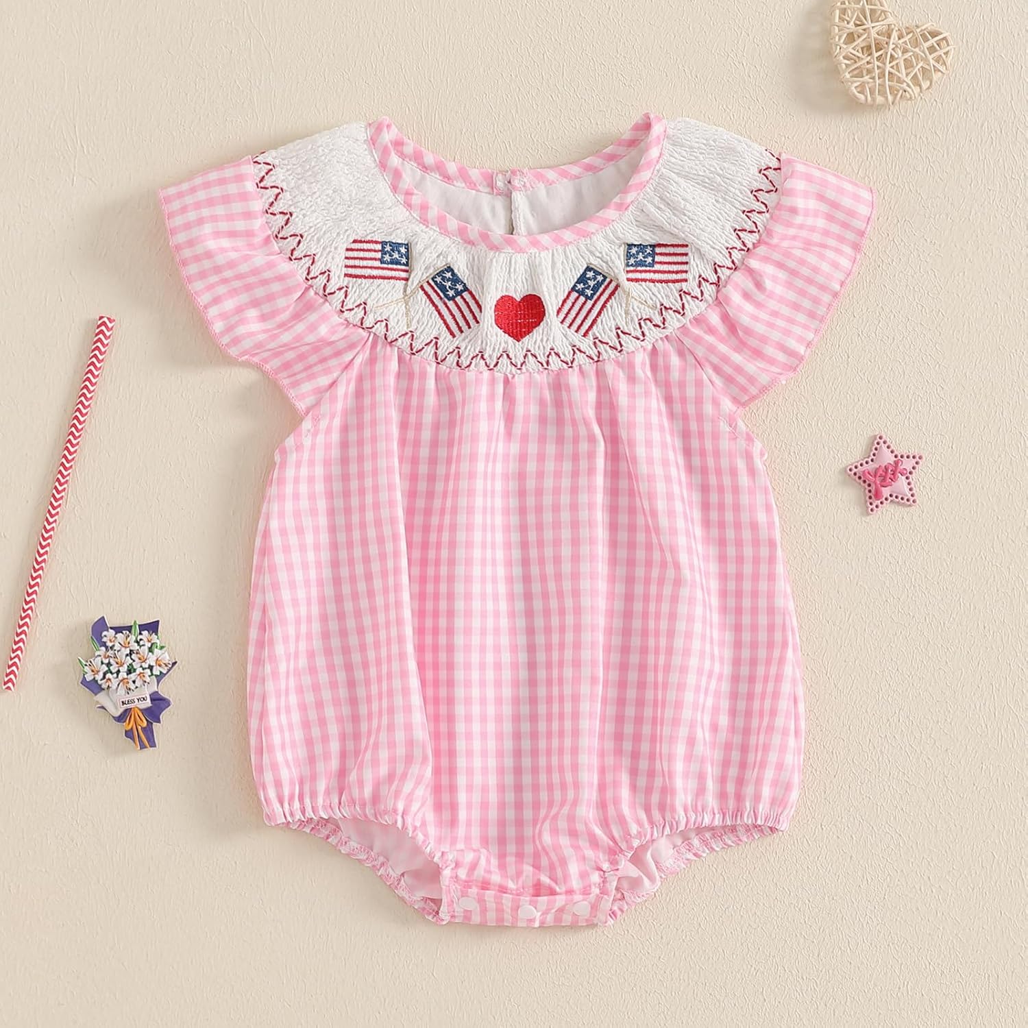MoZiKQin Baby Girl 4th of July Outfit Embroidered American Flag Plaid Bubble Romper Smocked Bodysuit Cute Summer Clothes - Image 2