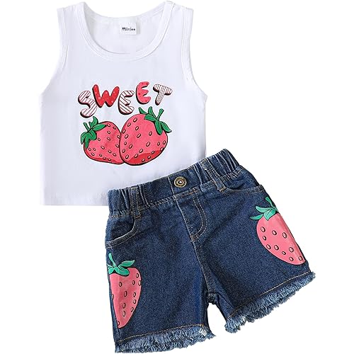 Mikrdoo Baby Girl Clothes Toddler Girl Summer Outfits Shirts Tops Ripped Denim Shorts Set Little Girl Clothes