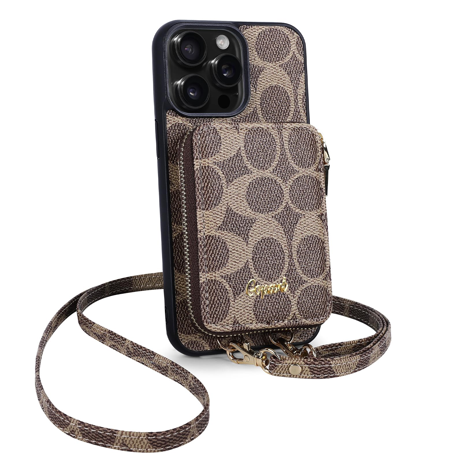 Compatible with iPhone 16 Pro Wallet Case for Women，Designer Classic Crossbody Case PU Leather Zipper Handbag Purse Flip Cover for iPhone 16 Pro (6.3" Khaki)