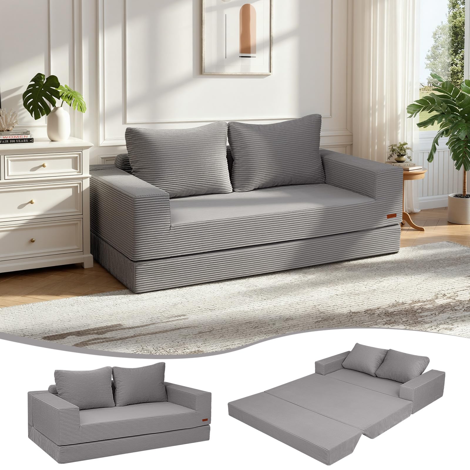 MeMoreCool Convertible Sofa Bed, Corduroy Folding Couch, Light Grey