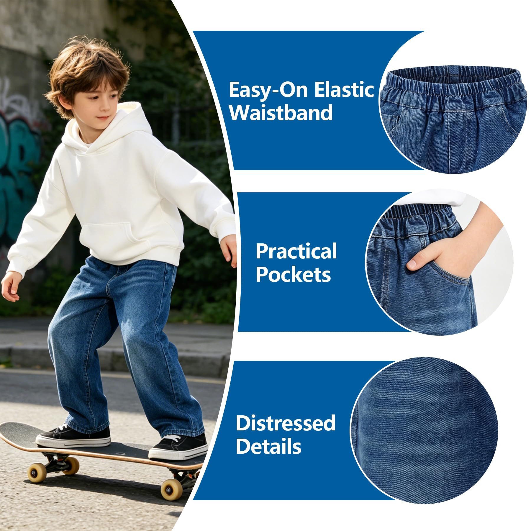 Jeans Ragazzo Bambino Dritto Baggy Denim Loose Fit Pantaloni con Vita Elasticizzata Lunghi Blu Pantaloni Casual Stretch Denim Jeans Moda Streetwear per Ragazzi 5-14 Anni