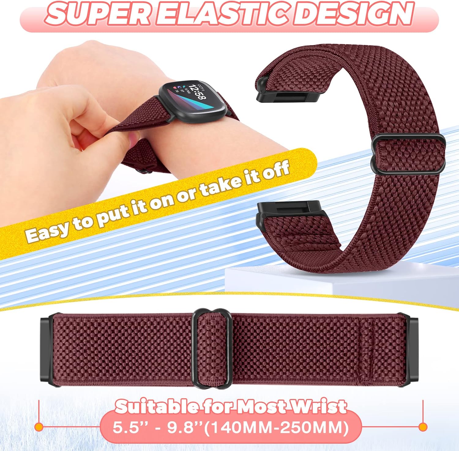 Vodtian 4 Pack Elastic Watch Bands Compatible for Fitbit Versa 4/Versa 3 / Sense 2/Sense, Adjustable Nylon Stretchy Replacement Sport Loop Straps for Women Men