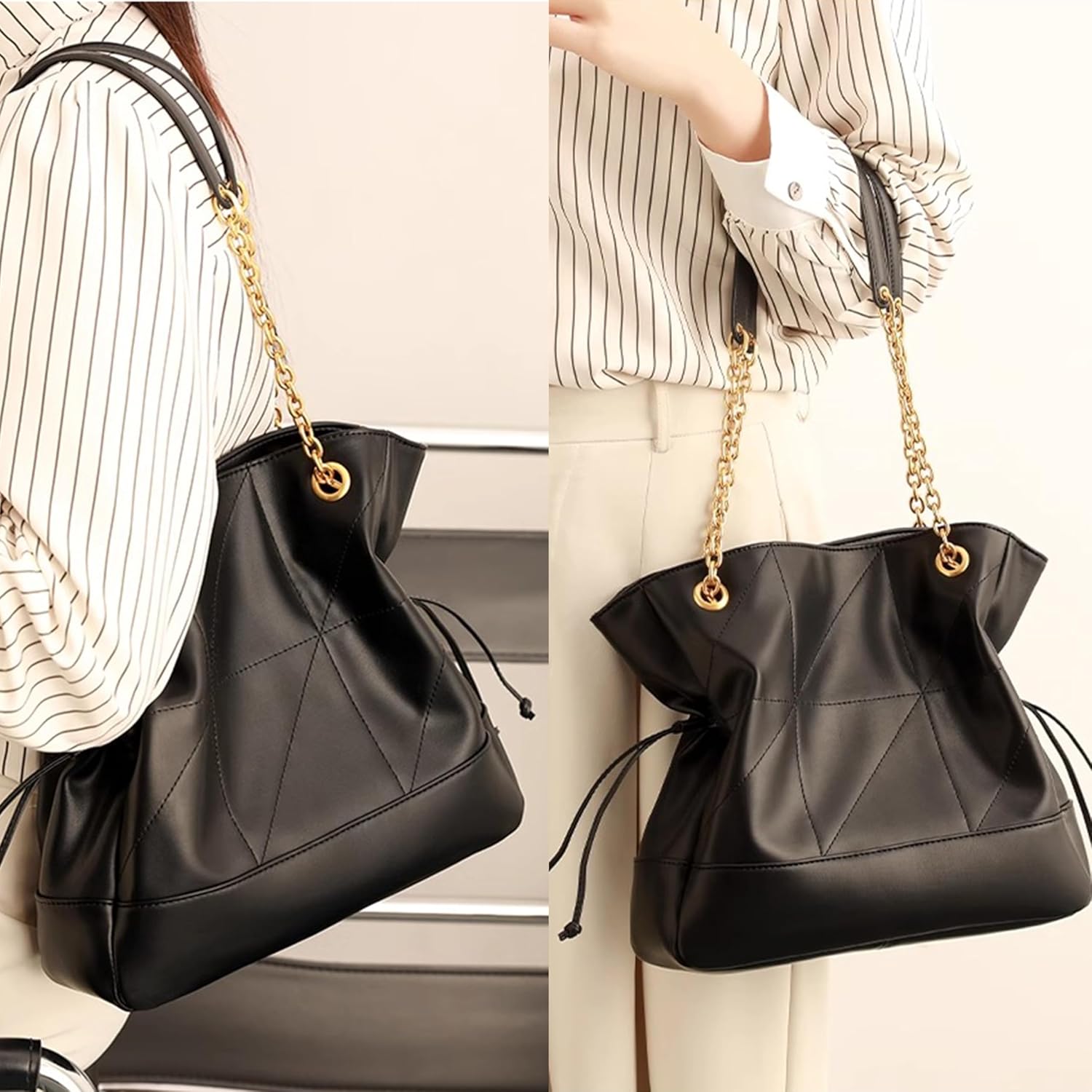 DORIS&JACKY Leather Quilted Tote Bag for Women Soft Designer Lambskin Shoulder Chain Purse With 1 Small Clutch Pouch - Image 2