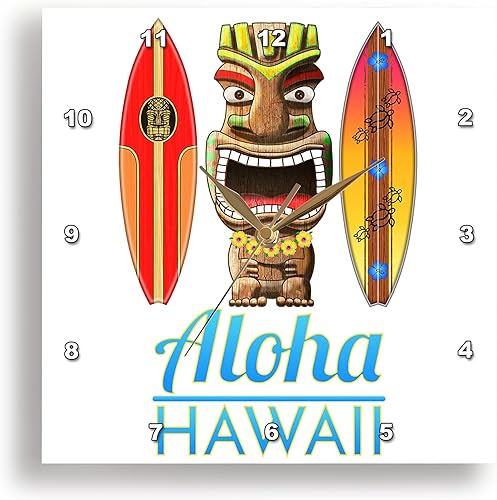 3dRose Wall Clock Silent - 10 inch - Tropical Aloha Hawaii Tiki Statue with Retro Hawaiian Surfboards - Creative Studios  Hawaii