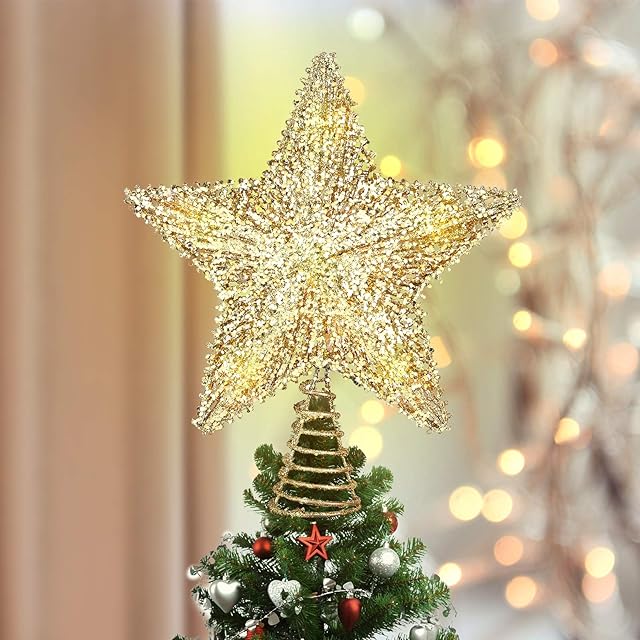Luxspire Christmas Star Tree Topper, Lighted Christmas Decorations Tree Topper Lights, Shiny Glitter Star LED Christmas Lights Tree Top, Christmas Ornaments Seasonal Decor Indoor, Gold