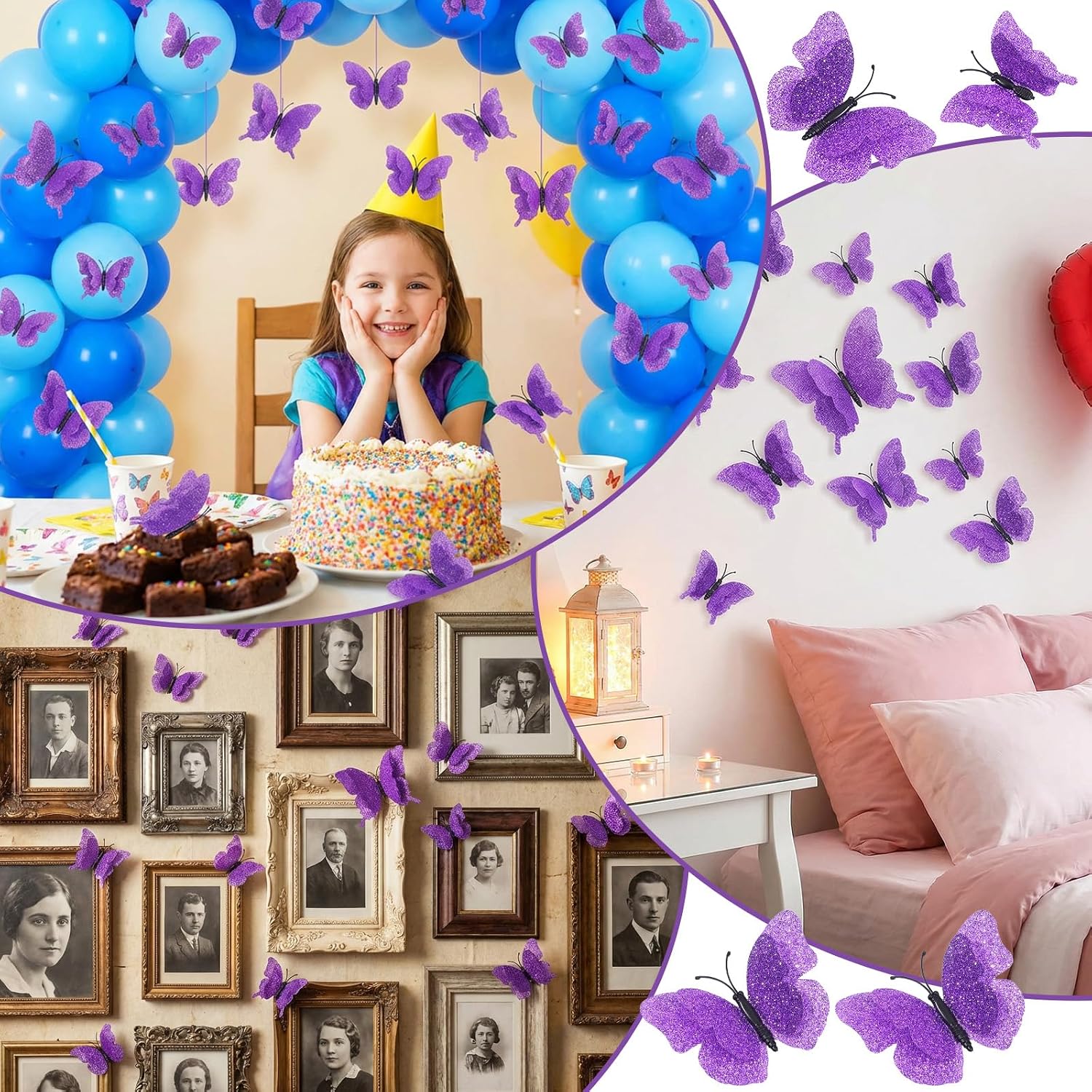 3D Butterfly Wall Decor - 24 Pcs Purple Butterfly Stickers Birthday Decorations - Fake Butterflies 3 Sizes for Cake Decorations Girls Room Nursery, Bedroom, Classroom, Party Decoration