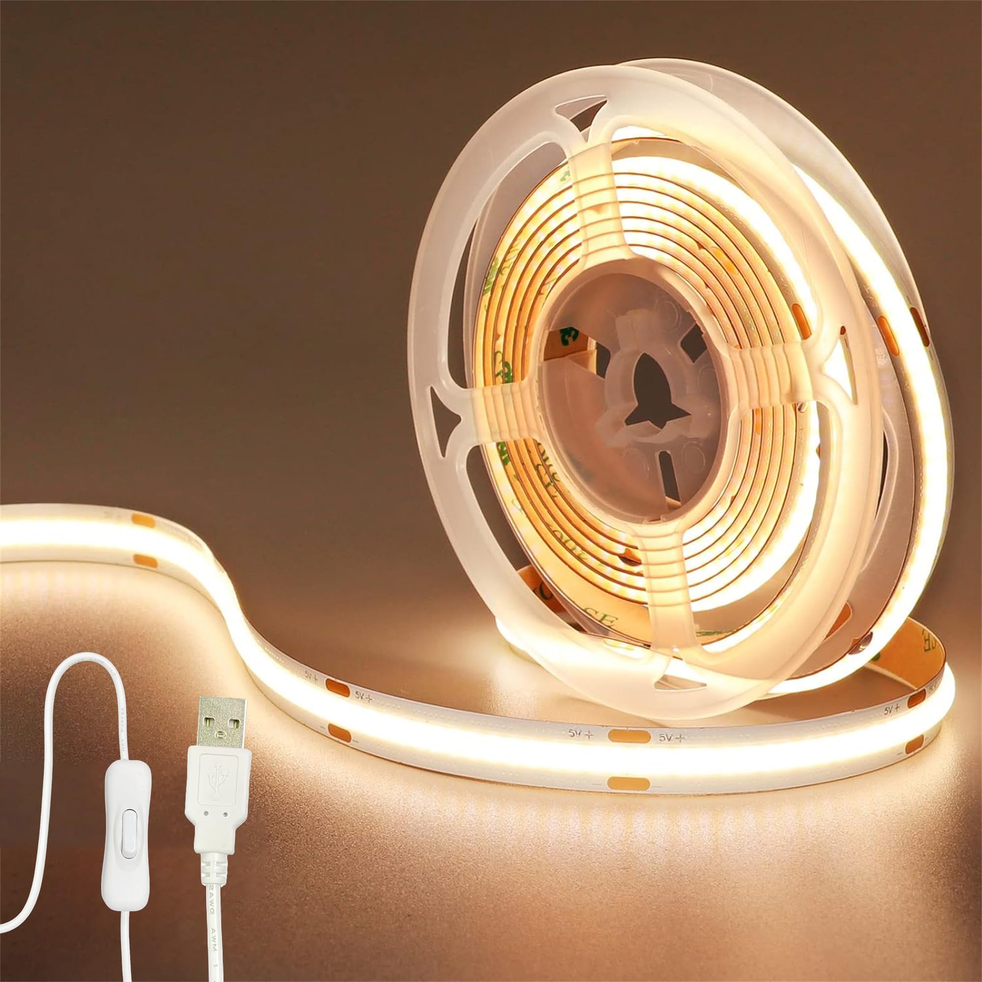5V USB COB LED Strip Lights with Switch,16.4FT/5M,Warm White 3000K,320LEDs/M,8mm Width,Not Waterproof IP20,1M USB Cable,for DIY Home Indoor Decoration