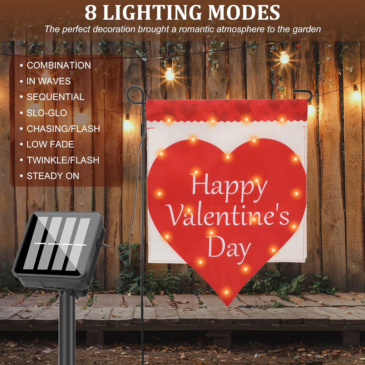 Moukeren Valentines Garden Flag 12 x 18 Inch 22 LED Solar Powered Double Sided Vertical Red Love Heart Garden Flag with 8 Lighting Modes for Happy Valentine's Day Outdoor Yard Home Light Decoration - Image 4