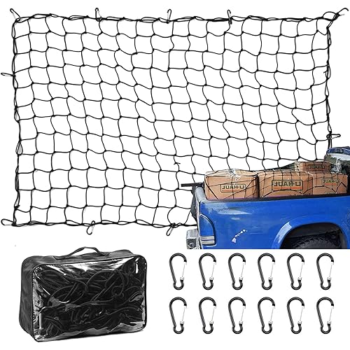 Amiss 4' x 6' Stretches to 8' x 12' Truck Cargo Net, Roof Rack Cargo Net for Pickup Trucks SUV, Heavy Duty Truck Bed Cargo Bungee Net with 12 Black Clips and Storage Bag, Car Exterior Accessories