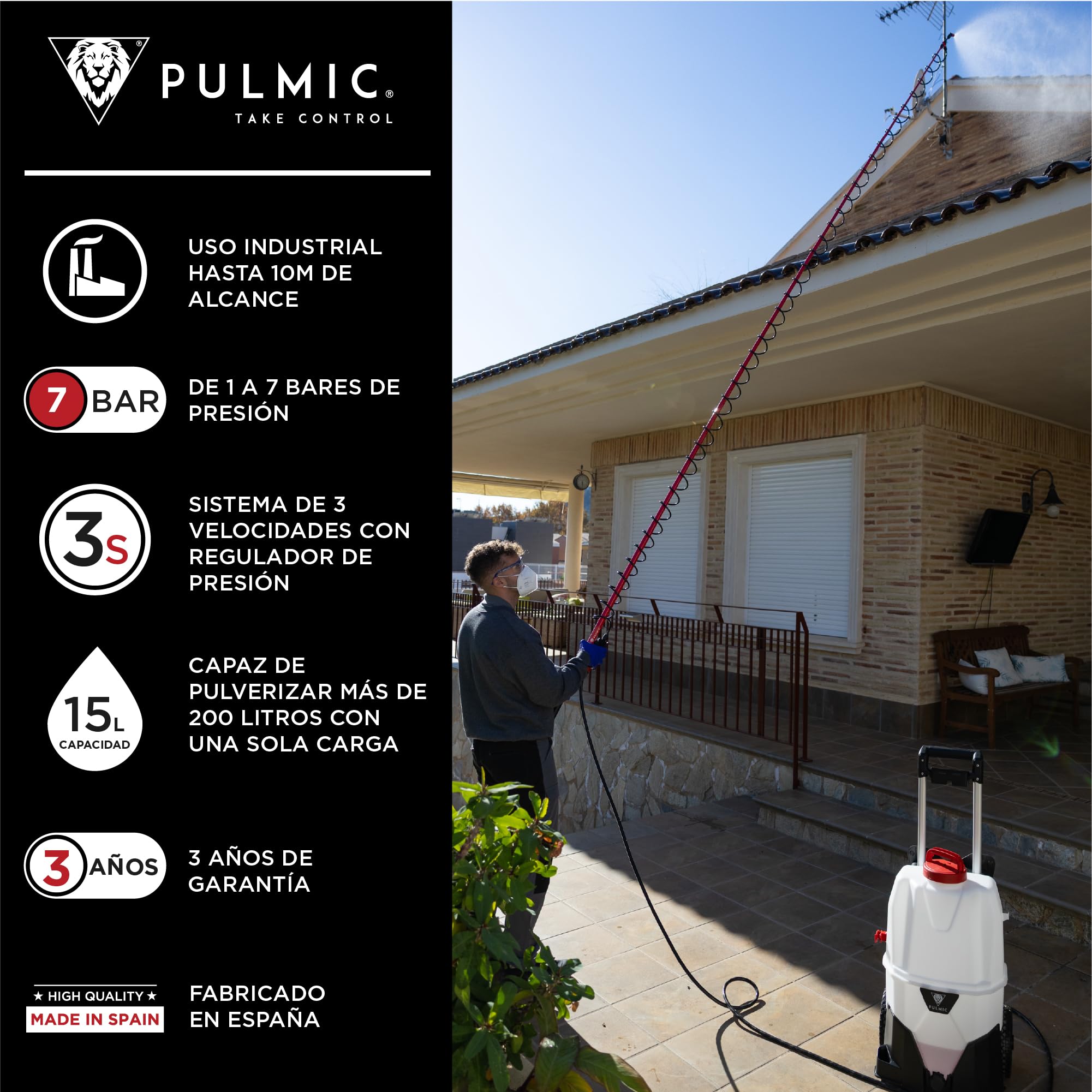 Pulmic Pulverizador a Presión Eléctrico Industrial 35L, 2 Baterías Litio 18V, 7 Bares, 3 Velocidades, Manguera 6M, Boquillas Rápidas, Pulverizador Químicos, Limpieza Tejados, Fachadas y Superficies
