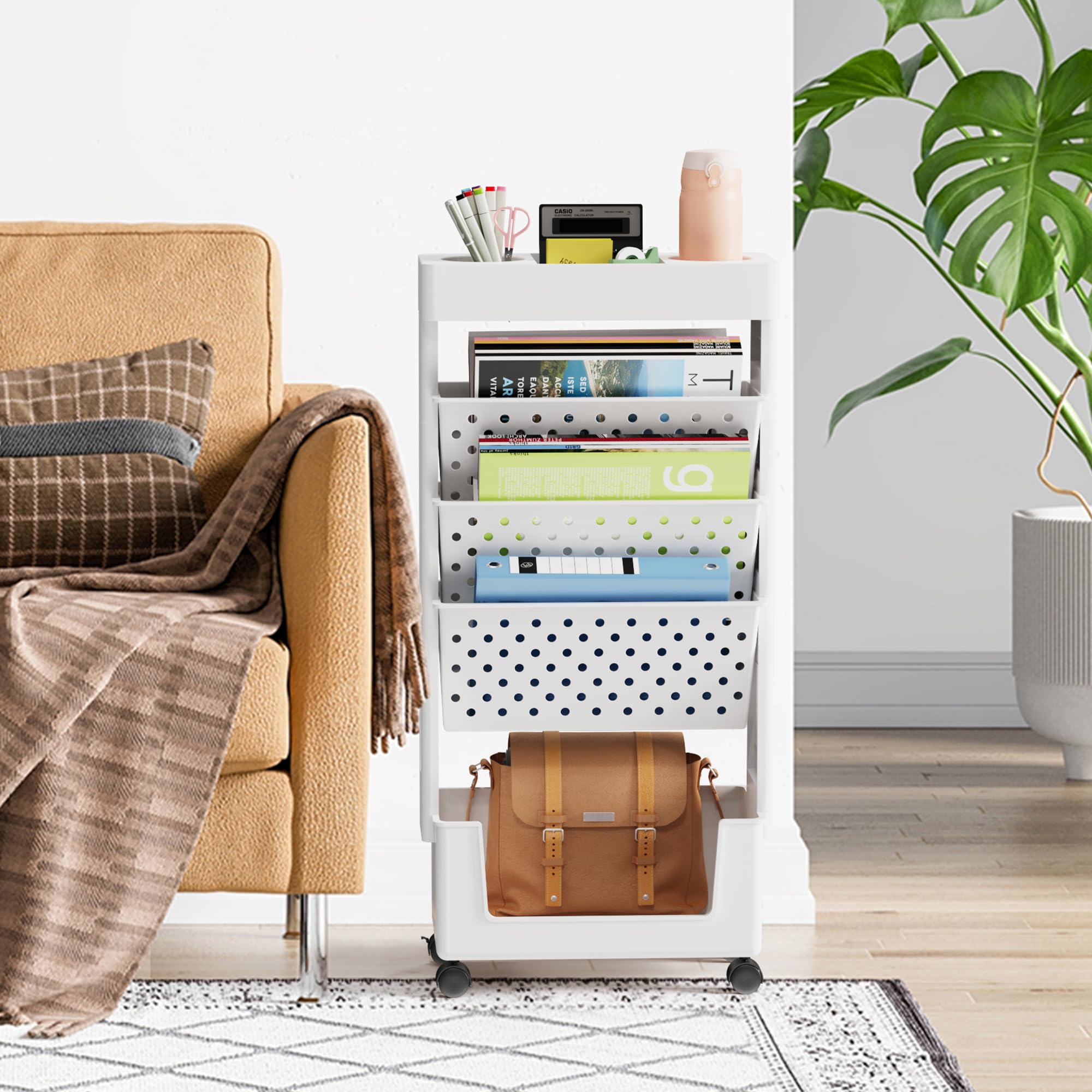 DTK 5 Tier Rolling Book Cart, Multi-Functional Mobile Bookshelf Cart with Wheels, File Folder Magazine Storage with Pen Holder, Slim Rolling Cart for Teachers, Office, Dorm, Classroom, White