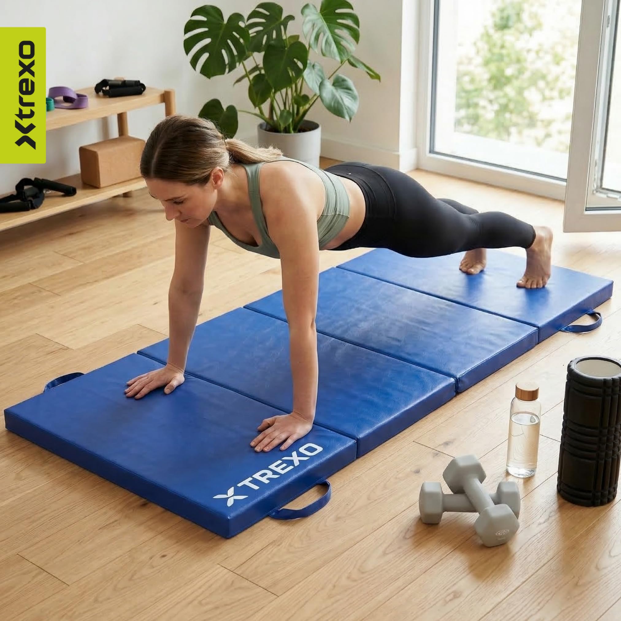 XTREXO Klappbare Gymnastikmatte – Turnmatte 4-teilig – Kunstleder & EPE-Schaumstoff – Faltbar mit Tragegriffen – Rutschfest für Training, Yoga & Kinderzimmer