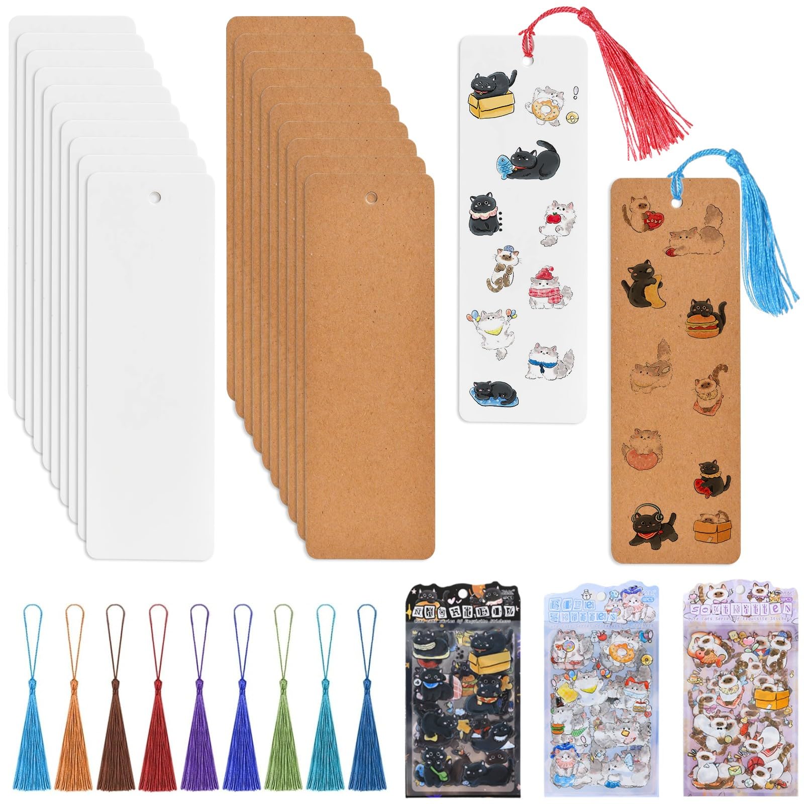 BetterJonny 40 pcs Make Your Own Bookmark, Book Mark Making for Family, Blank Paper Bookmarks with 3 Pack of Cat Stickers and 40 Tassels, DIY Bookmarks So Simple Makes it Easier to Start(Cat)