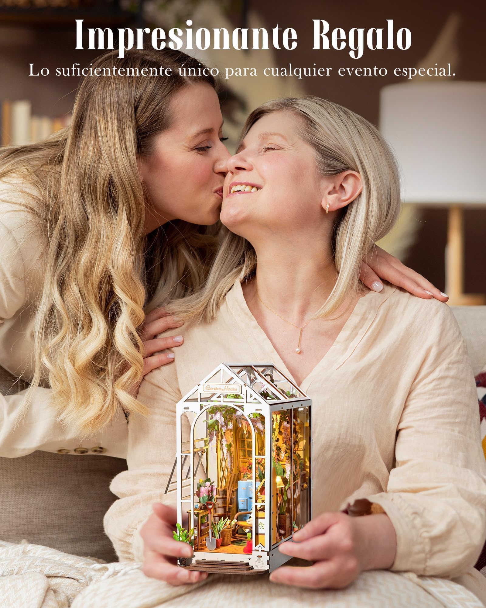 ROWOOD Book Nook Kit Gardenhouse, Booknook DIY Miniaturowy zestaw do domu ze światłem LED, podpórki do książek, zestawy modeli dla dorosłych do budowania, 3D, drewniane puzzle, regał na książki
