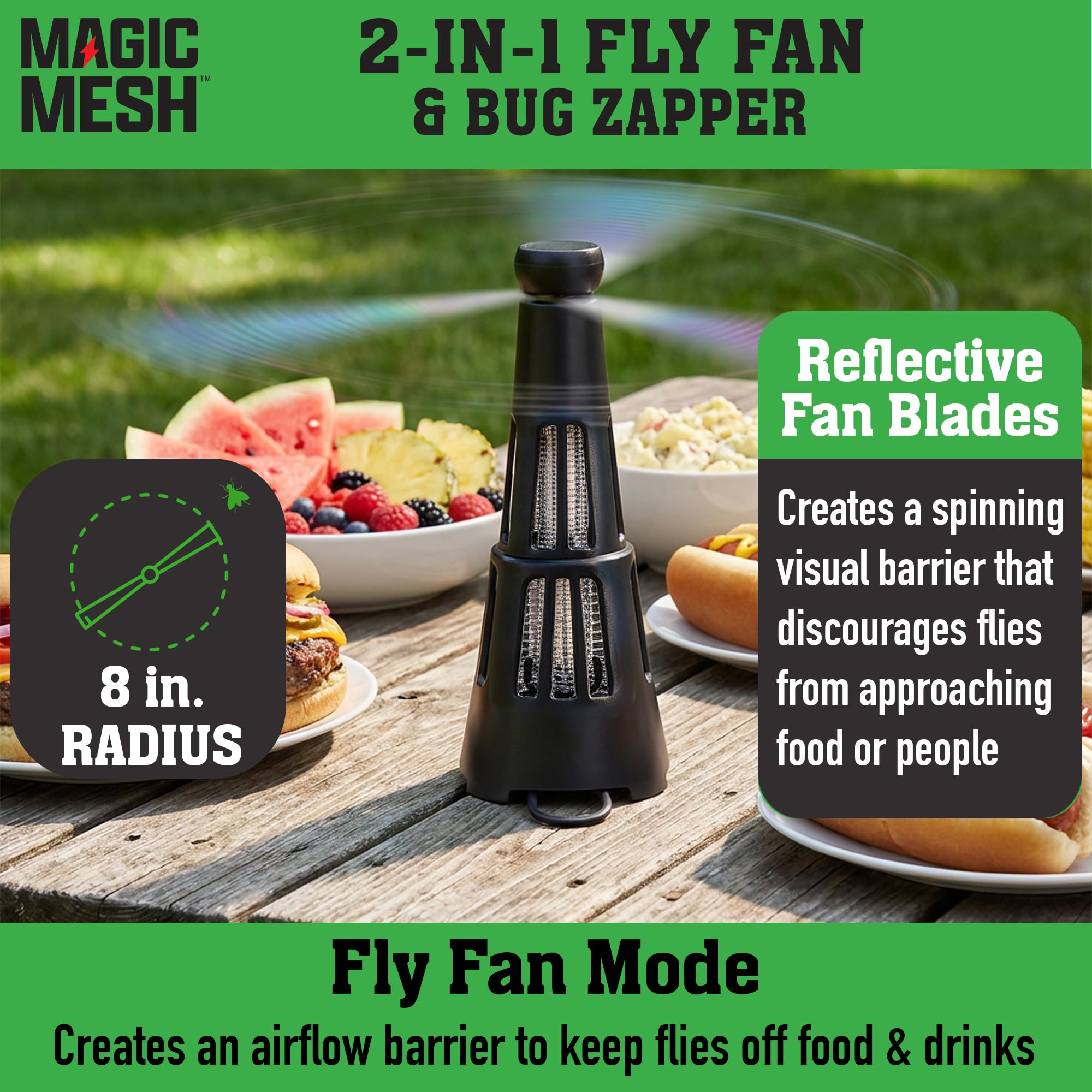 Magic Mesh Ventola per mosche e zanzare 2 in 1, ricaricabile, per esterni e interni, strumento per uccidere insetti, insetti e altro, per patio, campeggio, grigliate e cortili, fino a 2800 V