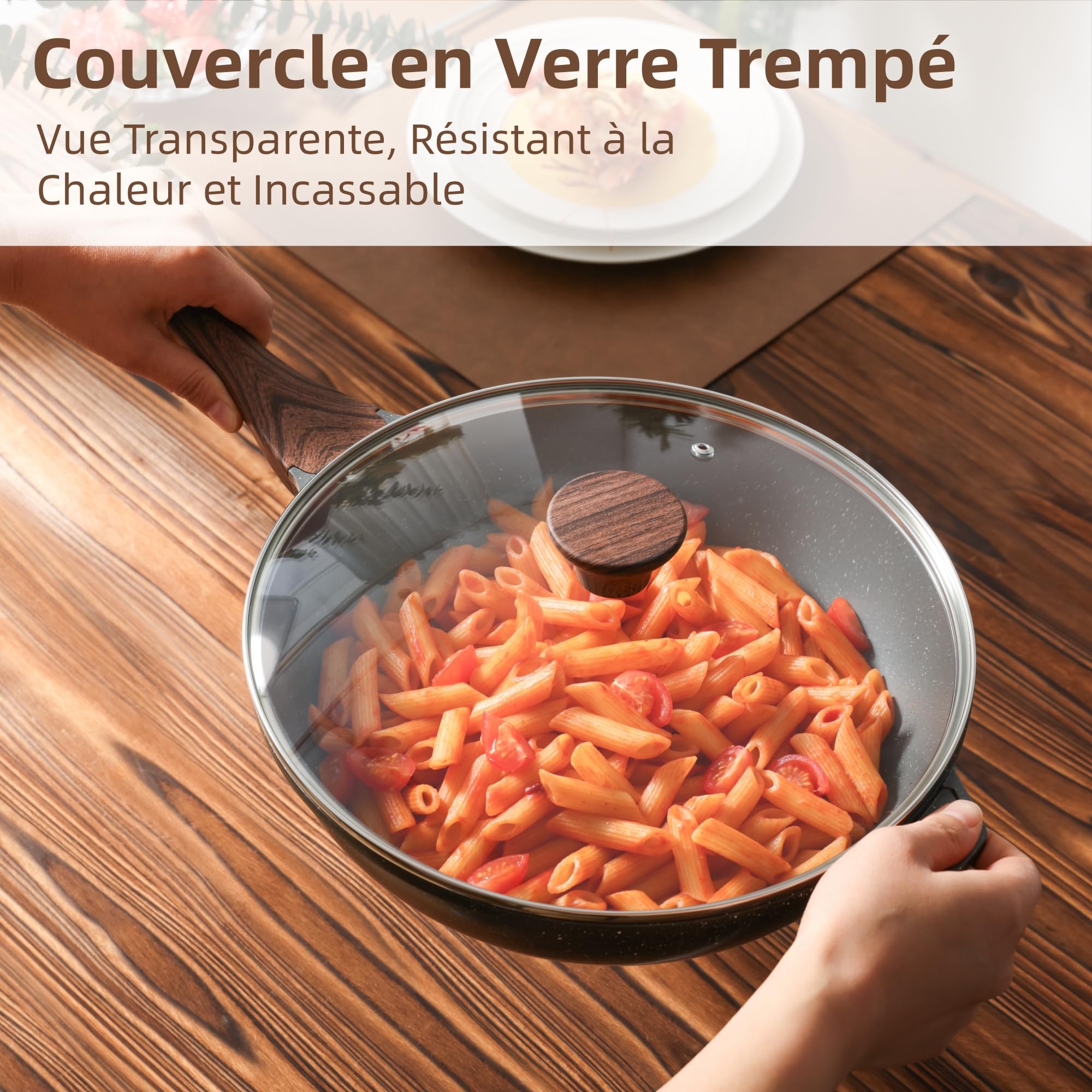 SENSARTE Poêle Wok 28 cm Antiadhésive avec Couvercle, Revêtement Granit Suisse ILAG Sans PFOA, Manche Ergonomique, Compatible Induction, Cuisson Saine