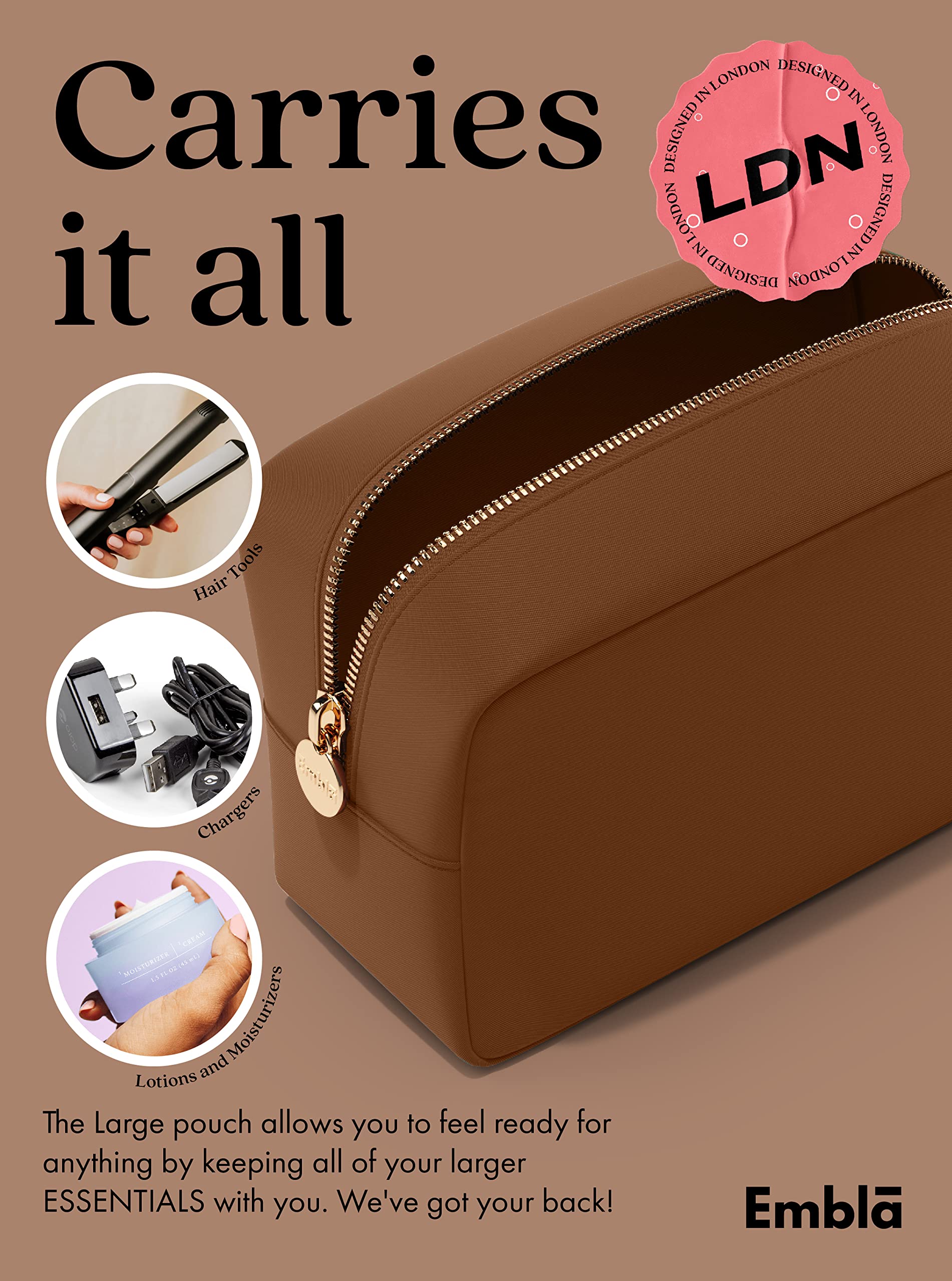 Embla - Bolsa de maquillaje grande y neceser de viaje de nailon impermeable, estuche de cosméticos de gran capacidad con cremallera, marrón oscuro