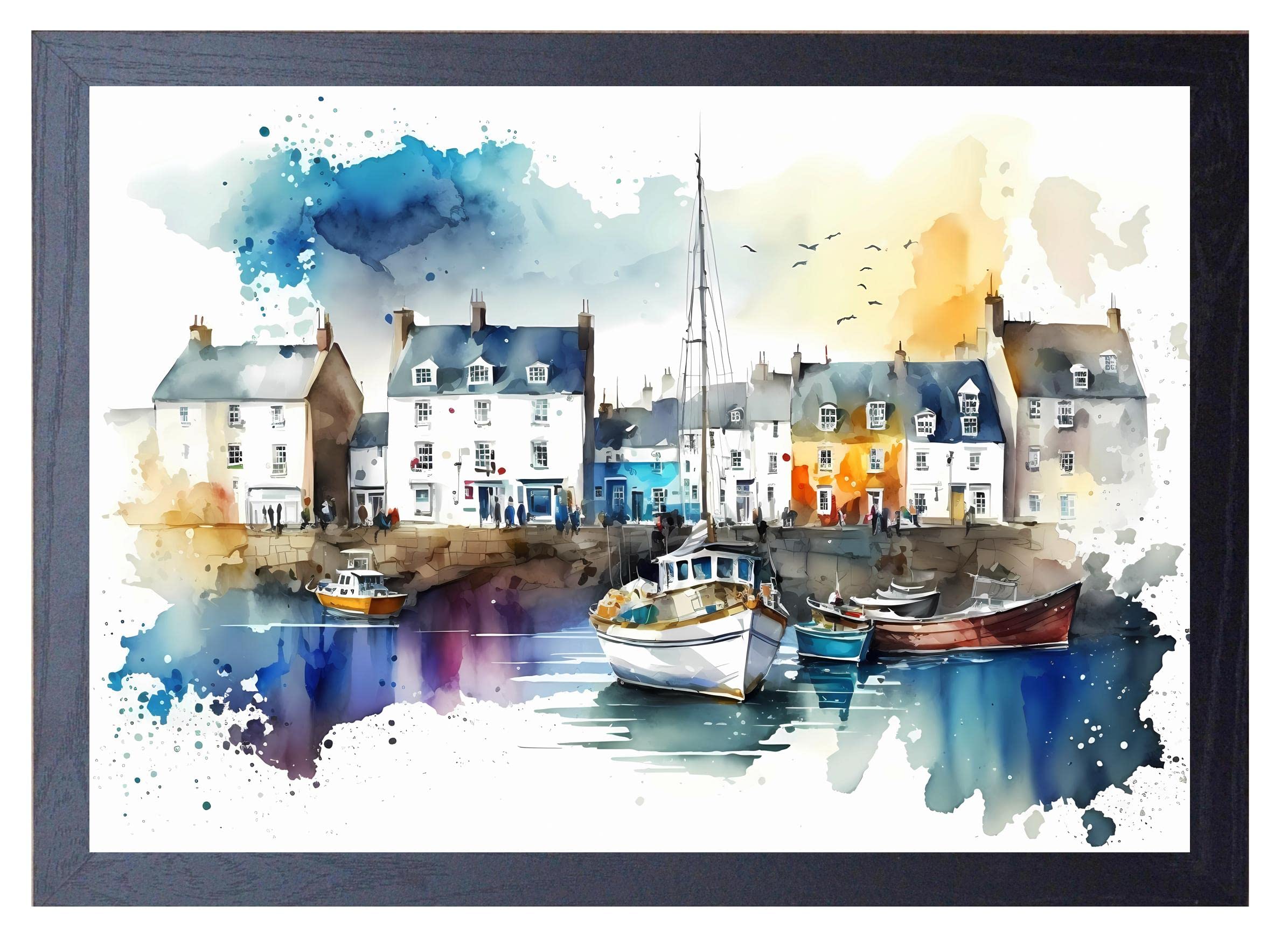 Beauitiful vivid fine art print of a Seaside Fishing Harbour painting (picture 1) Print size 29.7cm x 21cm
