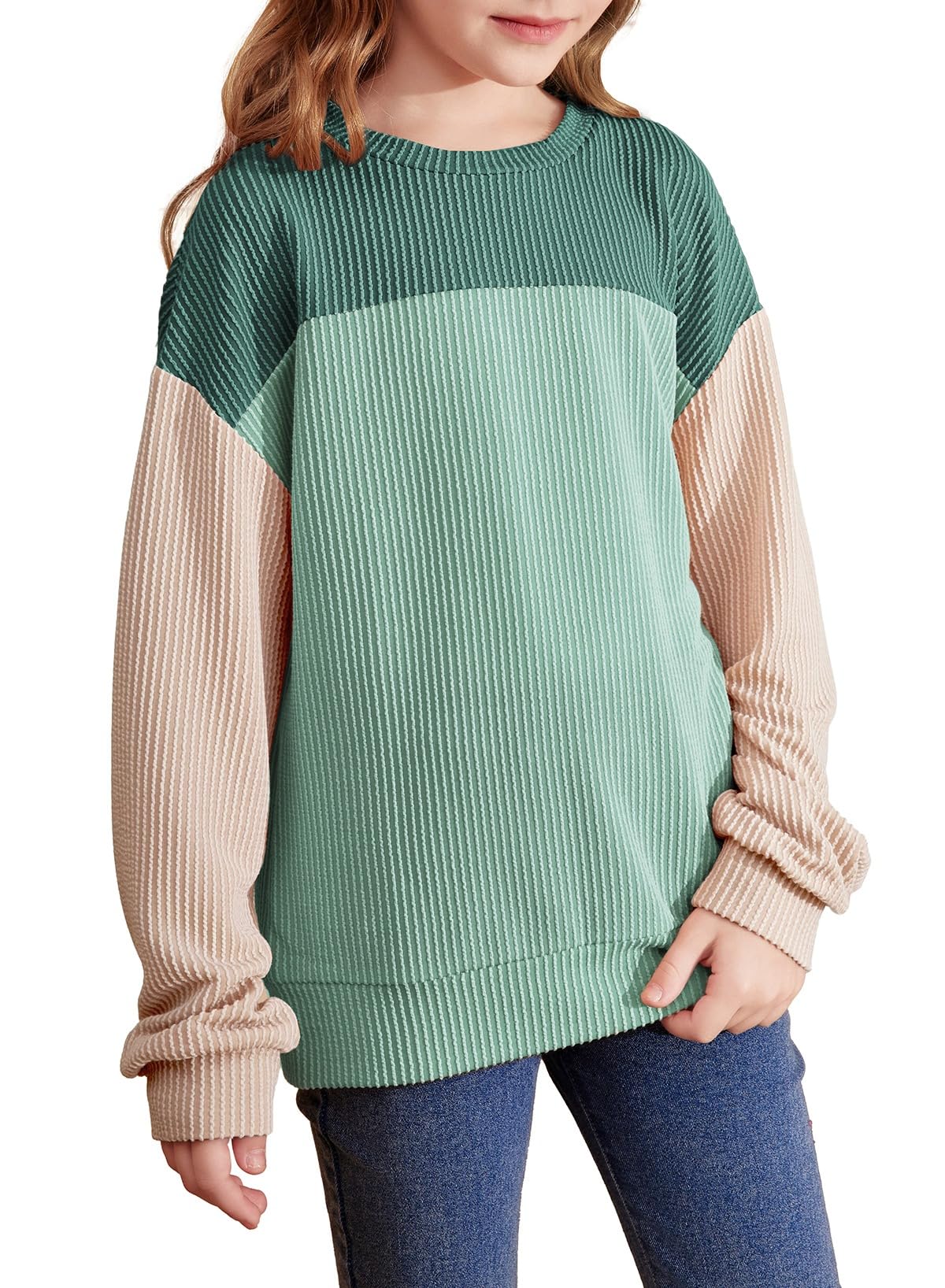 blibean Girls Fall Long Sleeve Shirts Kid Color Block Tops Size 6-15 Years