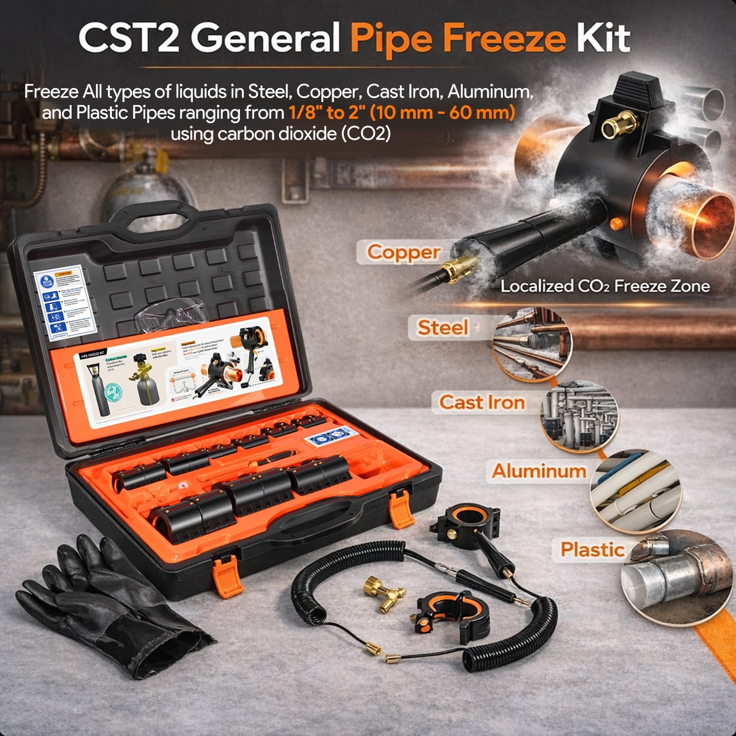 CST2 General Cold-Shot Pipe Freeze Kit, Tube Wire Plumbing Freezes Pipes from 1/8 to 2 Inch, CO2 Water Pipe Plumbing Line Freezing Repair Kit for Copper Steel Aluminum Cast Iron