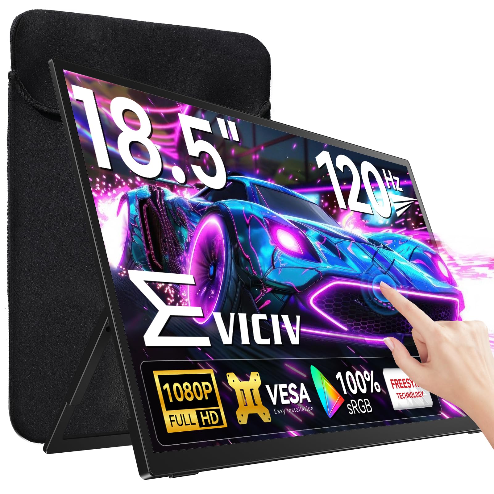 EVICIV Monitor Portatile 18,5 Pollici 120Hz Grande Touchscreen Portable Monitor 1080P 1500:1 FHD IPS con Supporto/VESA/Mini HDMI/USB-C Schermo da Gioco Eye-Care per Laptop/PC/Cellulare/Game Consoles