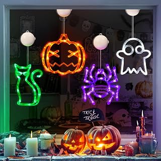 Halloween Window Decorations Lights 4 Pack Orange Pumpkin Purple Spider Green Cat White Ghost Battery Operated Halloween Lights with Suction Cup Cute Halloween Decorations Indoor Home Room Party Decor