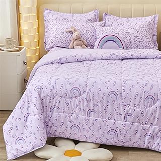 Mooreeke Twin Size Comforter Sets for Girls Kids, 6 Pieces Bed in a Bag Purple Love Heart Rainbow Bedding Comforter Sheet Set with Shams and Decorative Toy Pillow, Ultral Soft Microfiber Kids Bed Set