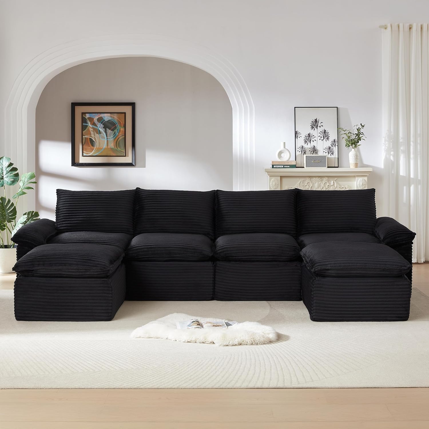 DEINPPA Modular Couch with Ottoman, 2 Seat Cloud Sofa for Living Room Apartment, Corduroy Upholstered Comfy Couch-White