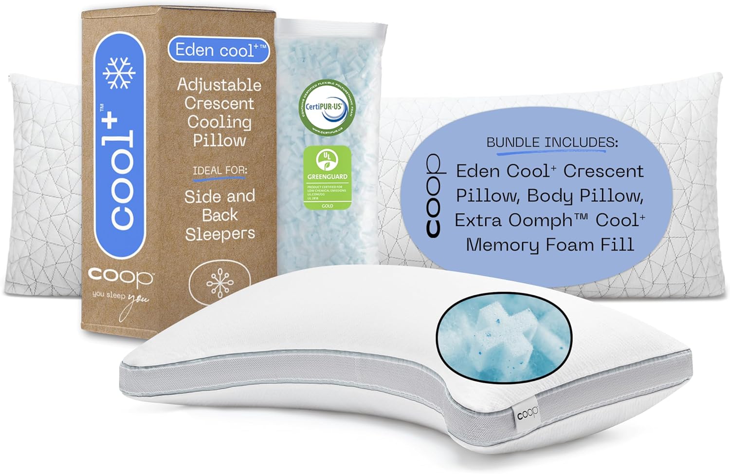 Coop Eden Cool+ Crescent & Body Pillow Queen Bundle, Set