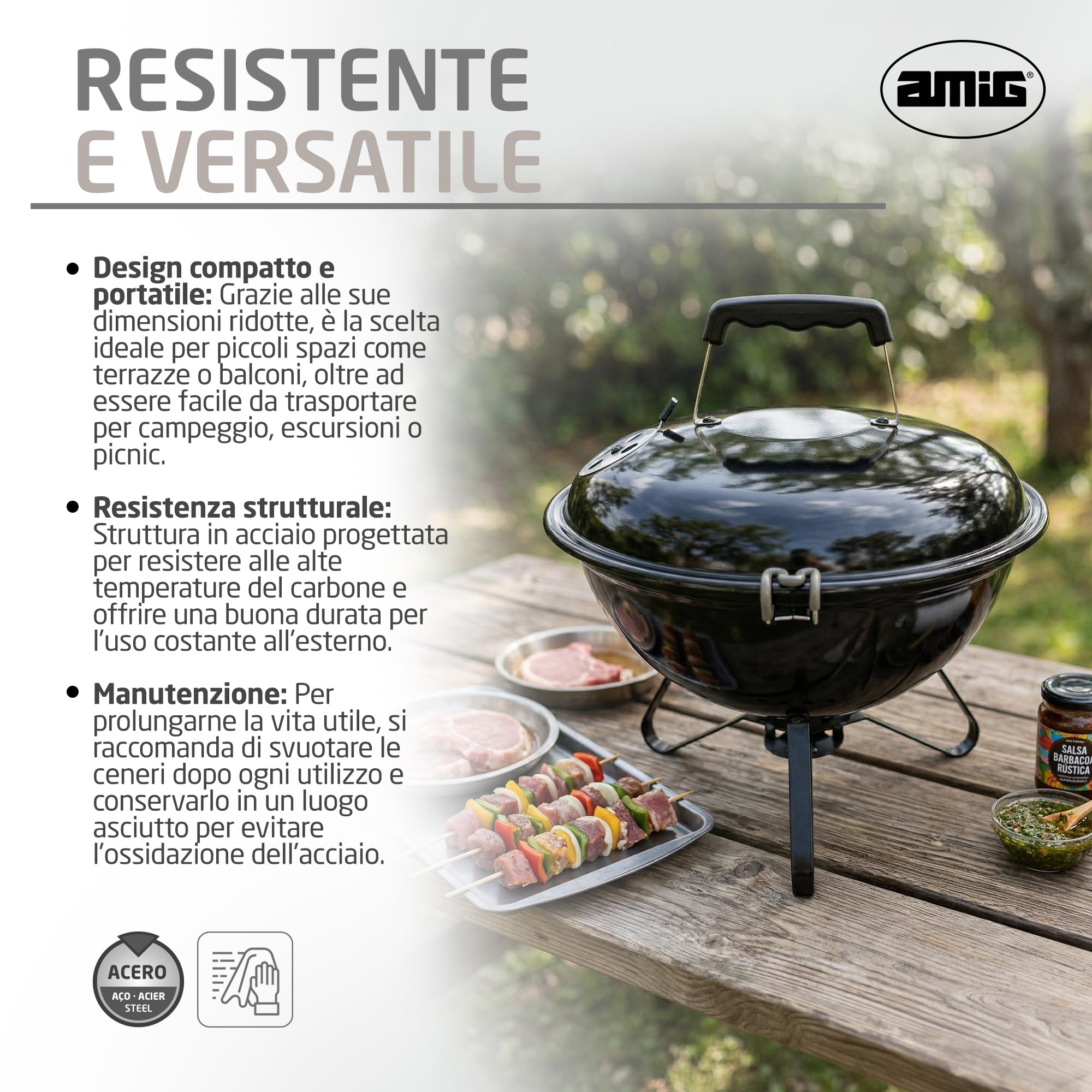 Amig - Barbecue a carbone - 37 x 37 x 45 cm - Nero - Fabbricato in Acciaio - Giardino e Patio. Mod. KRYPTA