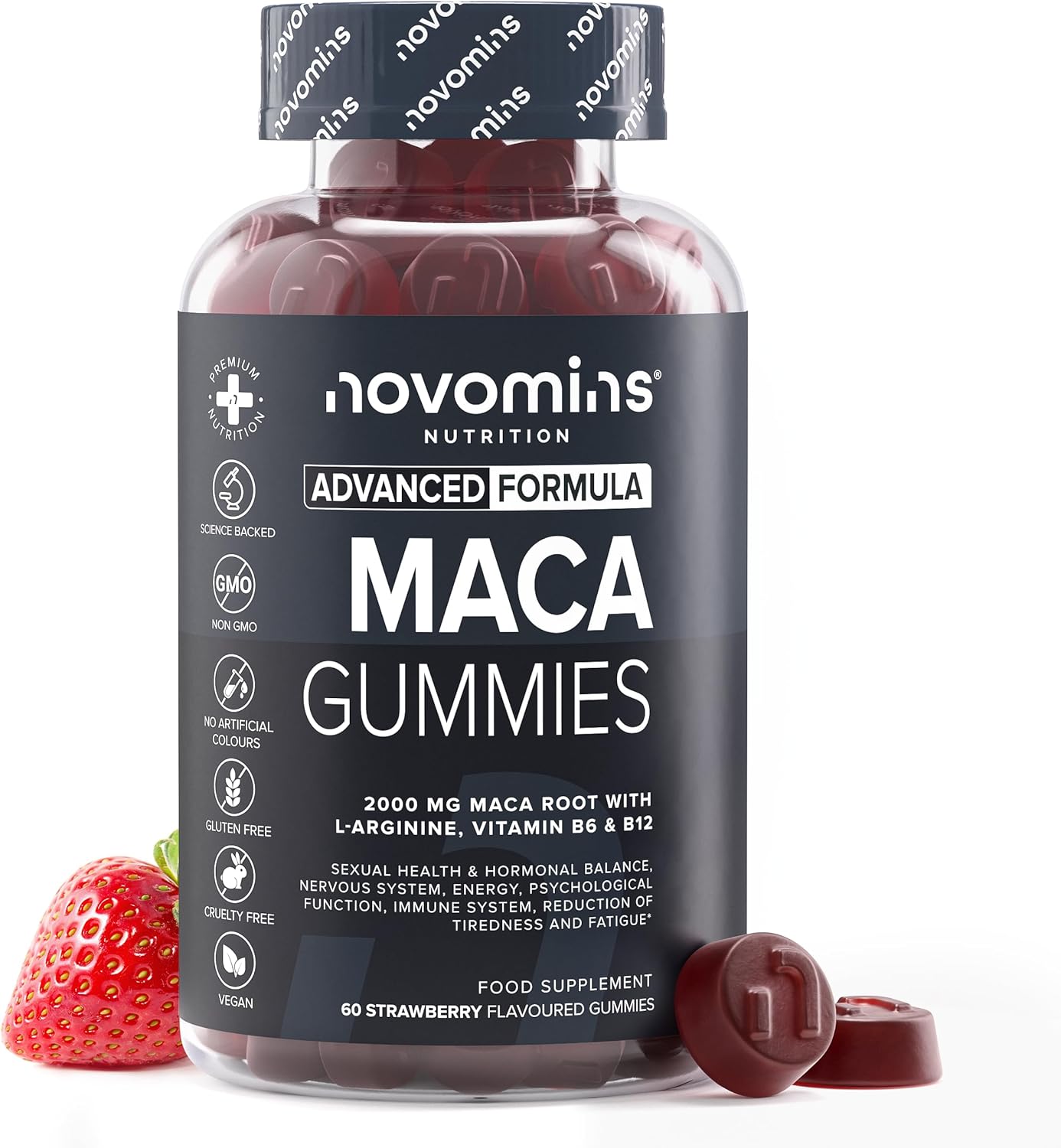 Novomins Gummies Maca Root 2000mg (High Power) – 100% Peruvian Supplement for Men and Women – L-Arginine, Vitamin B12 & B6 – 60 Vegan Strawberry Flavour Gummies – Tastier Than Comp