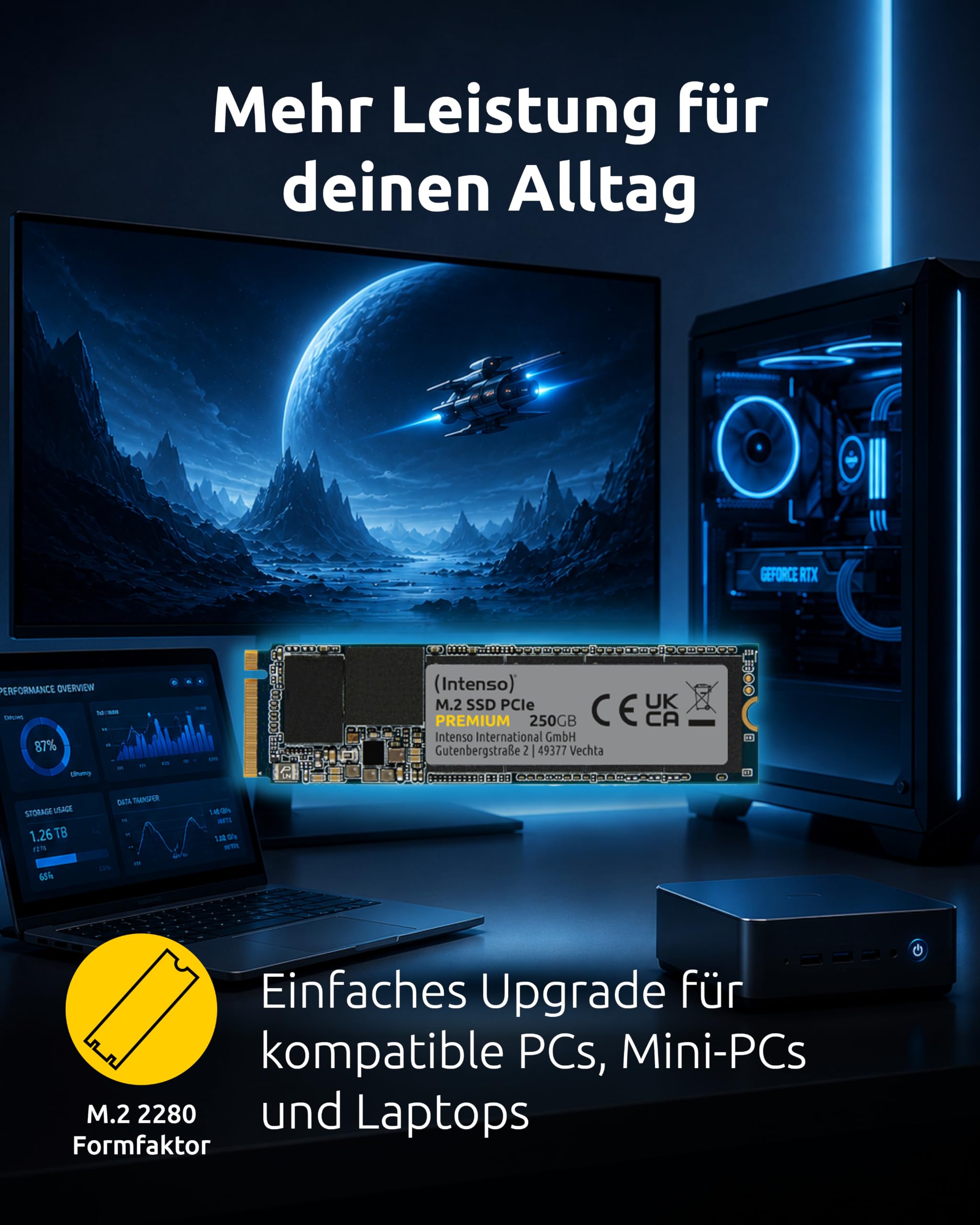 Intenso 250GB M.2 SSD PCIe Premium, bis zu 2100 MB/s, (PCI Express Gen.3x4 NVMe 1.3, Solid State Drive)