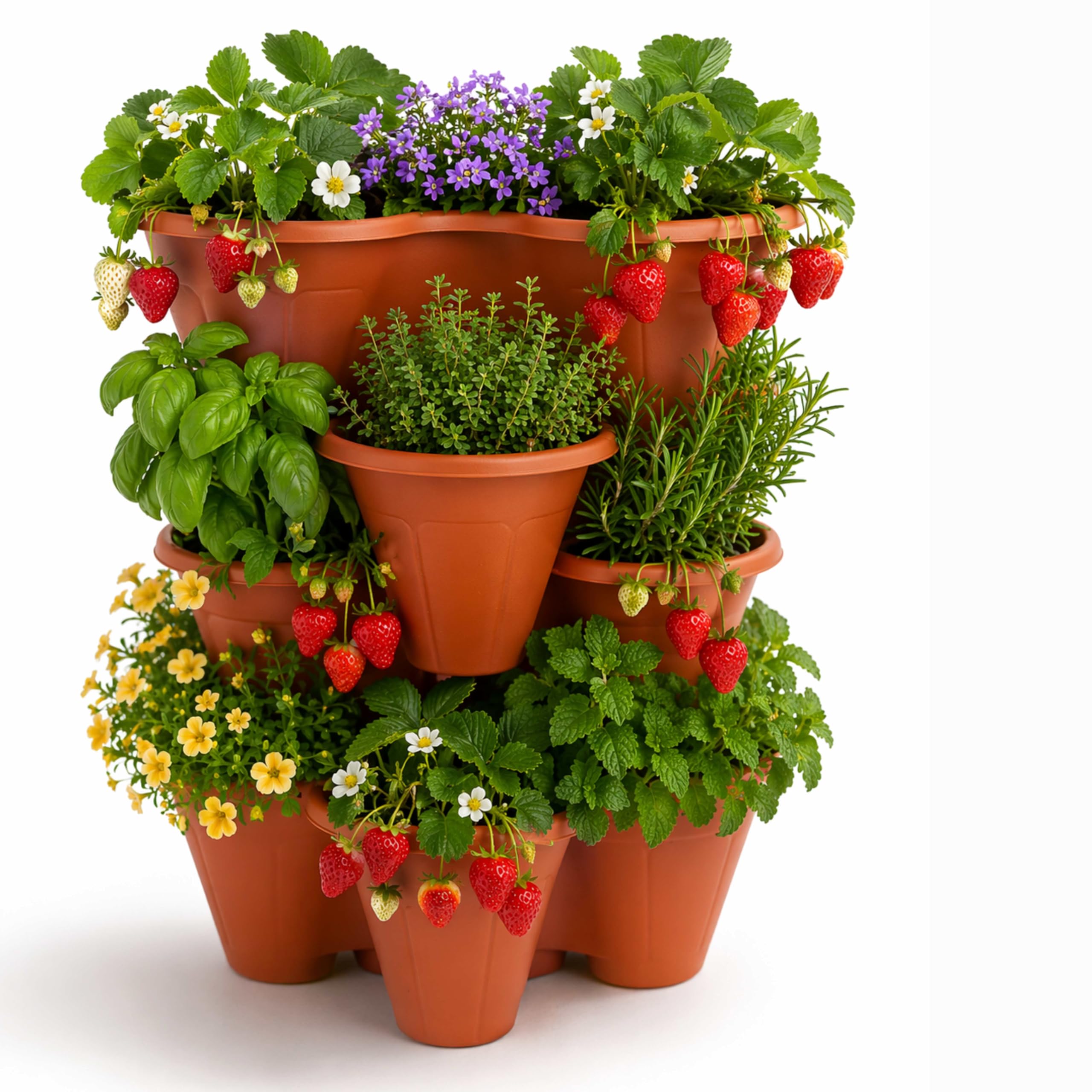 ALAYSTAR Pack of 4 Stackable Strawberry Planter Pots Vertical Garden Trio Planters Terracotta Durable Plastic Herb Flower Containers Indoor Outdoor Balcony Patio Space Saving Plant Pots (TERRACOTTA)