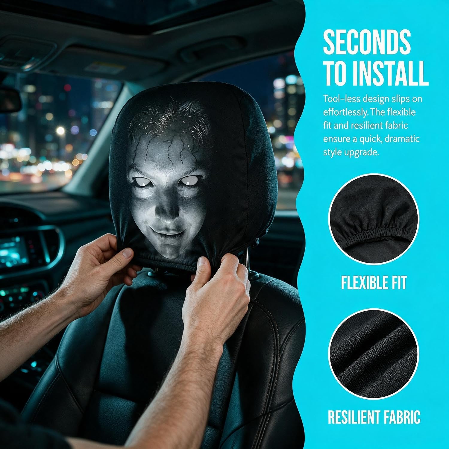 Halloween Scary Ghost Face Headrest Covers, Breathable Polyester Elastic Slip On Headrest Cover, Funny Spooky Decor for Cars, Trucks & SUVs (2 PCS) image 3