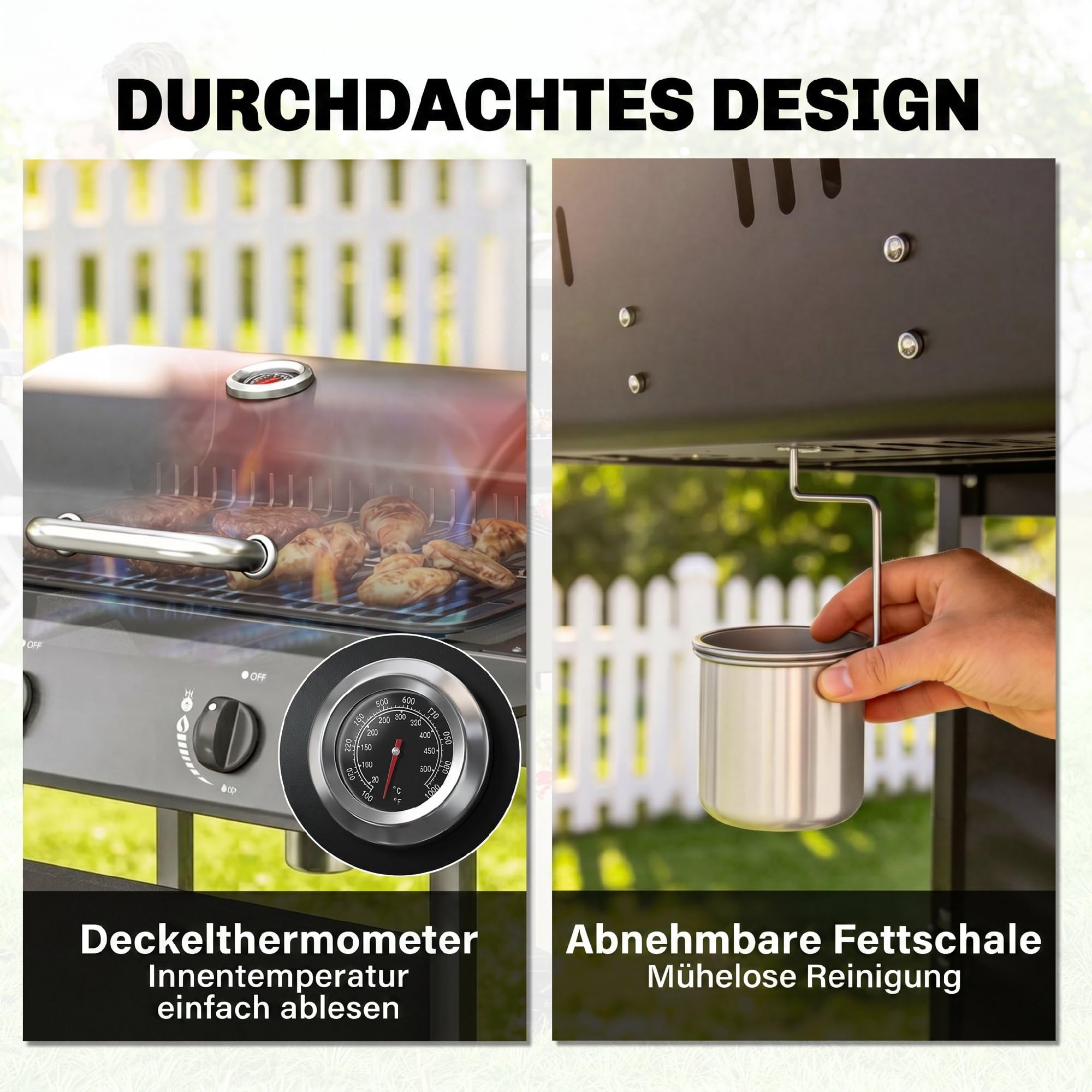 Outsunny Gasgrill 5 KW 2 Brenner BBQ Grillwagen Edelstahl inkl Seitentisch Unterkorb Frontabdeckung Thermometer Emaille-Grillrost Warmhalterost Fettauffangschale, Gas-Grill mit Rolle für Balkon Party