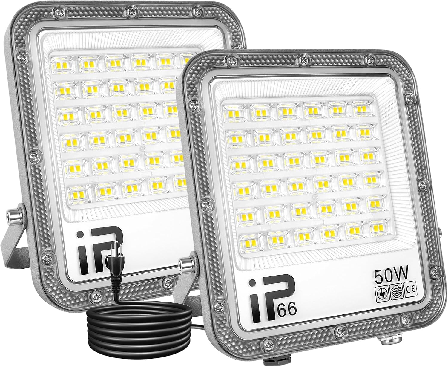 AUXTINGS 2 PCS 50W Flood Lights Outdoor,5000 lumens Floodlight with Plug 110V Outdoor Work Light LED Security Light 6000K White Exterior Lights for House Yard Patio Parking Garden,IP66 Waterproof