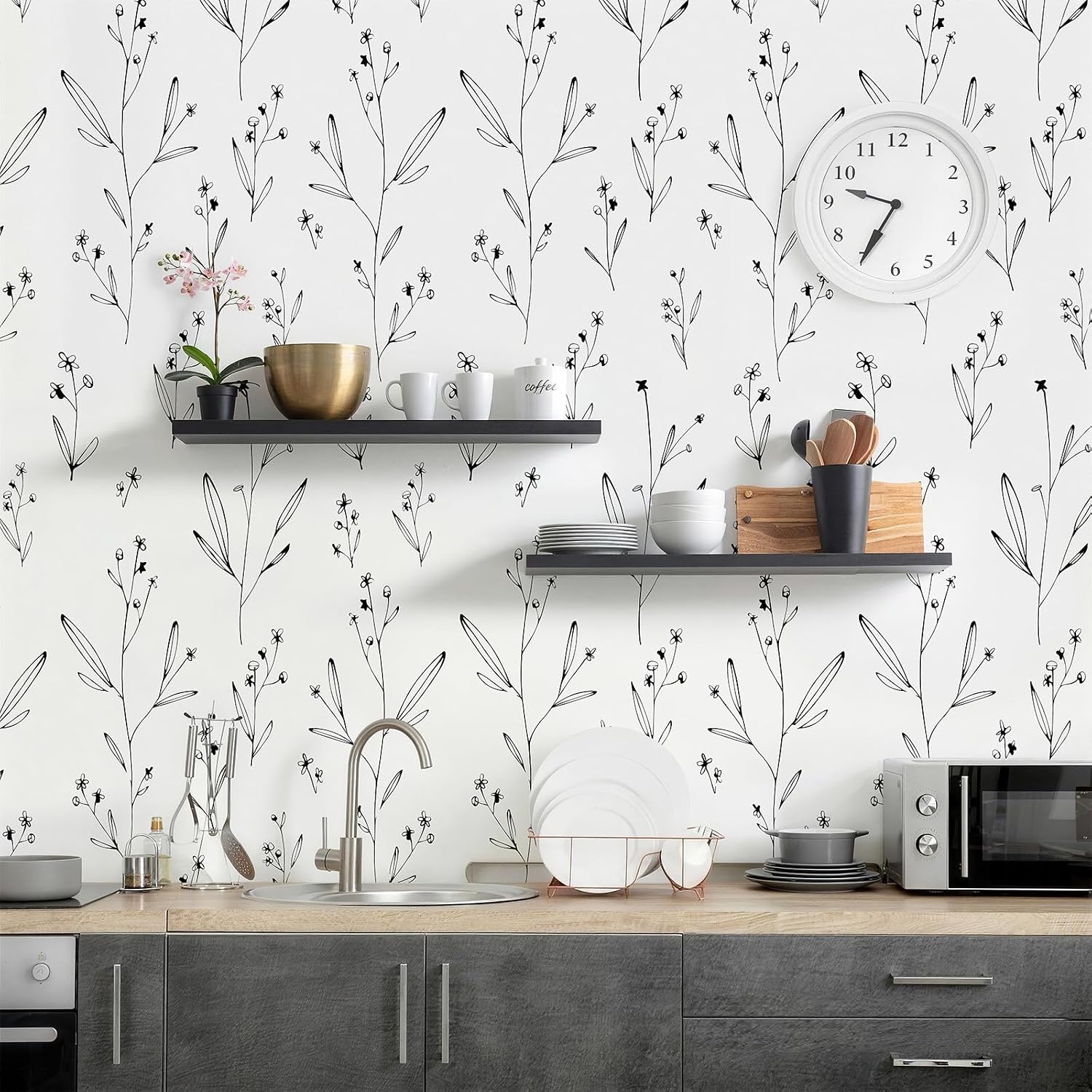 Black and White Wallpaper Peel and Stick, Modern Minimalist Line Floral Wallpaper 17.3" x 196.8" Waterproof Wildflower Wall Paper Removable Self Adheisve Contact Paper for Bedroom Bathroom