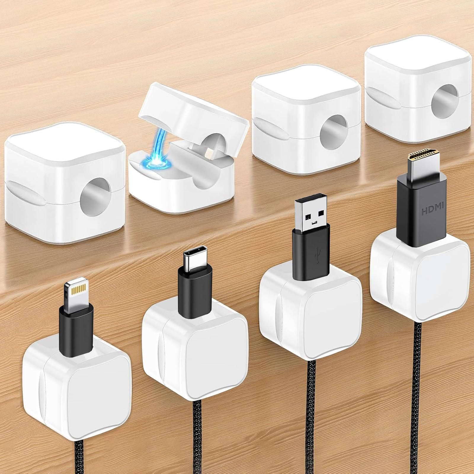 8 Pezzi Supporto per cavi magnetico, Organizer per la gestione dei cavi con clip, supporto per cavi di gestione dei cavi, per comodino, scrivania, USB, cavo audio, Bianco