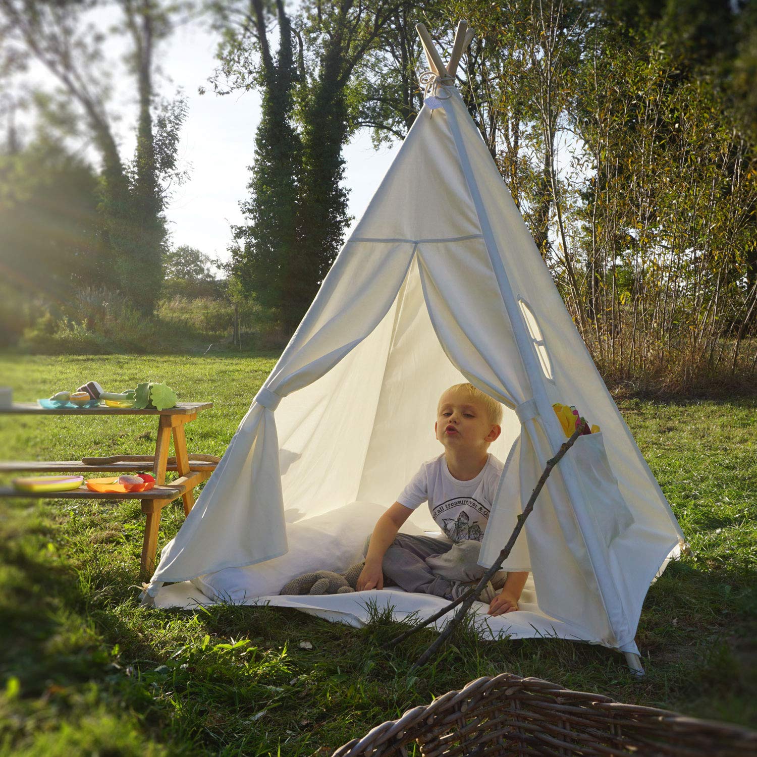 HEJ LØNNE Tenda Tipi Indiana Bambini Beige Naturale con Tappetino Finestra 120x120x150cm Cotone Legno Pino per Cameretta Giardino Interno Esterno con Borsa