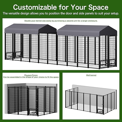 Miniatura 6 de Perrera para perros al aire libre de 8 x 4 x 6 pies con techo y soportes giratorios para tazones, recinto grande de metal para perros, casa